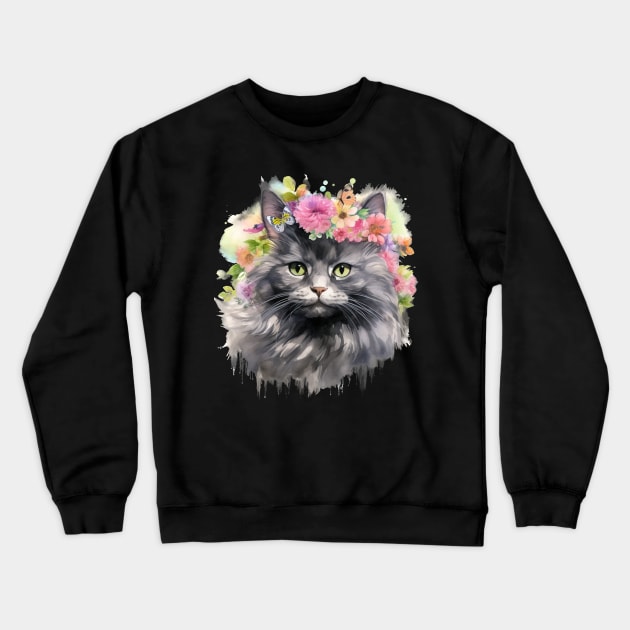 Persian Cat Flowers Water Color Cat Mom Mother's Day Gift Crewneck Sweatshirt by karishmamakeia